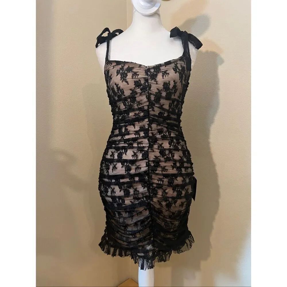 Lulus Beige Be Mine Forever Black Floral Lace Ruched Bodycon Dress XS